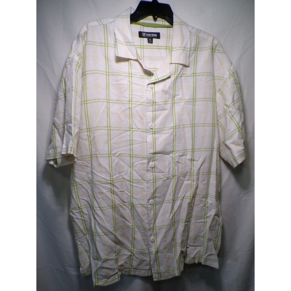 Stacy Adams Men's XXL White Green Plaid Camp Collar Shirt Short Sleeve